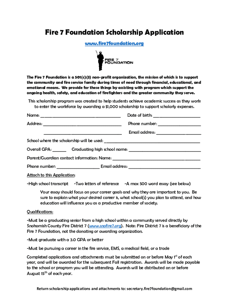 Fire 7 Foundation Scholarship Application - Lake Stevens School Preview on Page 1