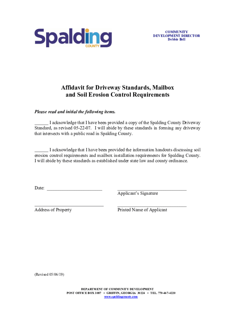 Driveway Standards Affidavit (revised 04-04-19) - Spalding County Preview on Page 1