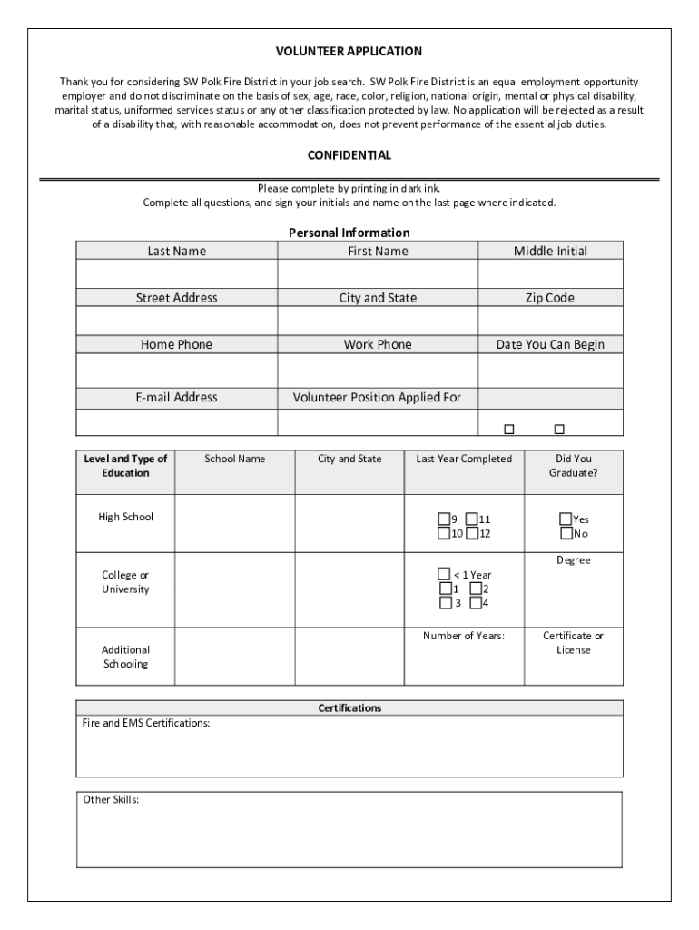 Volunteer Application - Southwestern Polk County Fire District Preview on Page 1