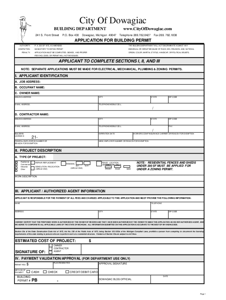 Fillable Online City of Dowagiac 241 S Front St Dowagiac, MI Electric