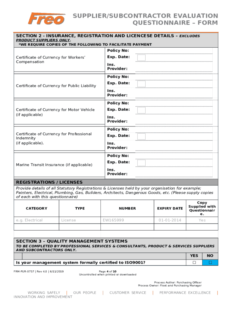 Supplier/Subcontractor Evaluation Questionnaire Freo Group Doc
