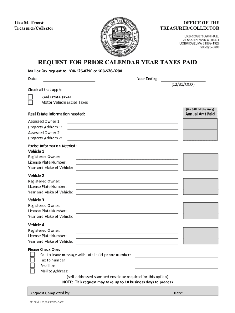 Tax Paid Request Form - Uxbridge, MA Preview on Page 1