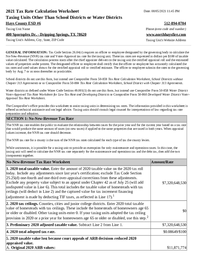 Fillable Online 2021 Tax Rate Calculation Worksheet Date Fax Email