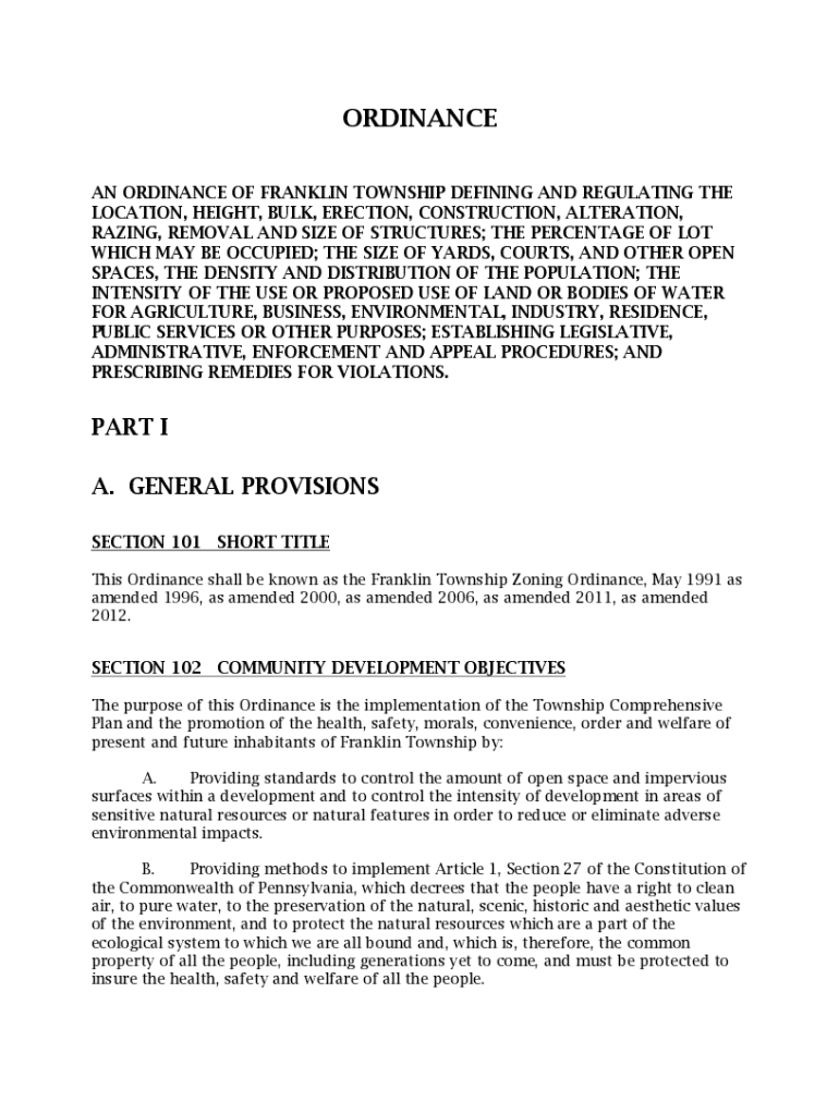 Fillable Online FRANKLIN TOWNSHIP CODE OF ORDINANCES AN ORDINANCE OF