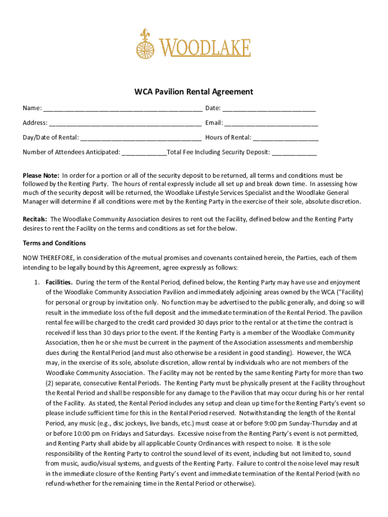 woodlakeonline wp-content uploadsWCA Pavilion Rental Agreement - Woodlake: Life on the Lake! Preview on Page 1