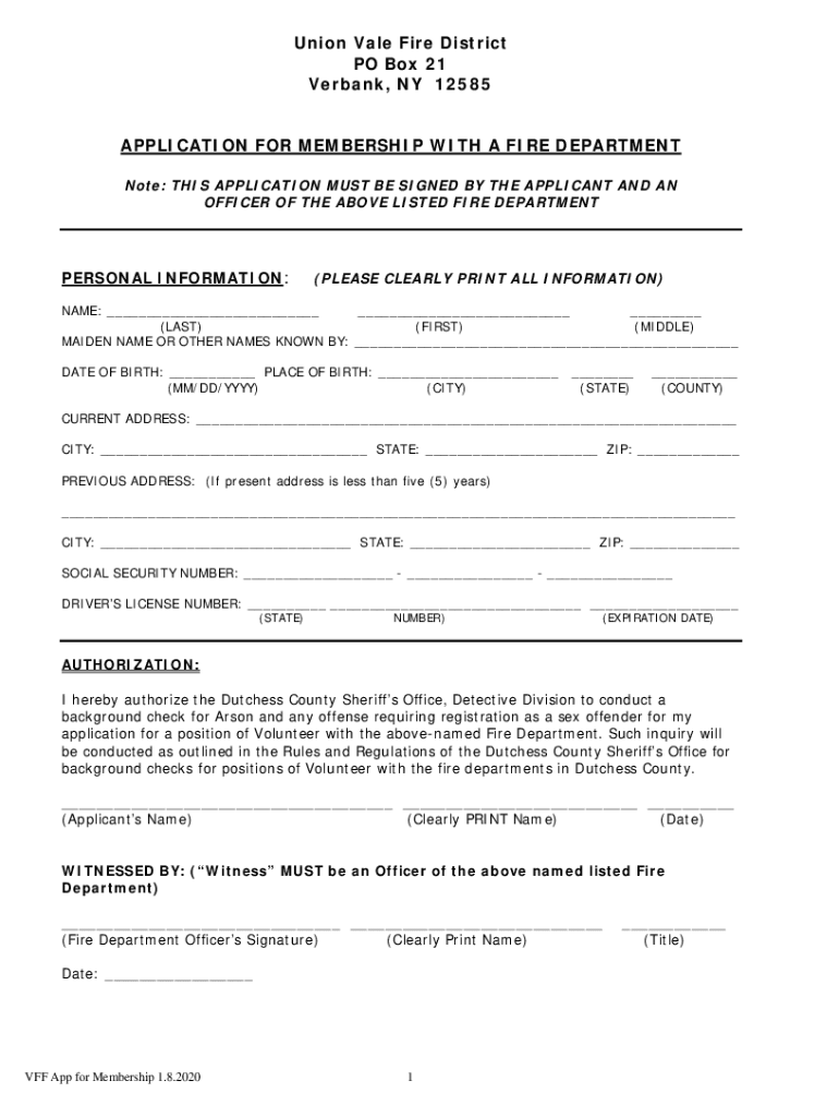 Union Vale Fire District Membership Application Packet Preview on Page 1