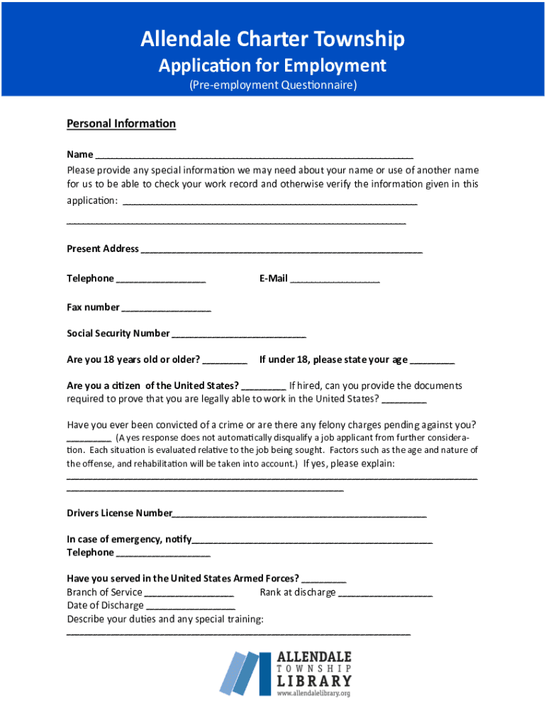 Fillable Online Allendale Charter Township Application for Employment