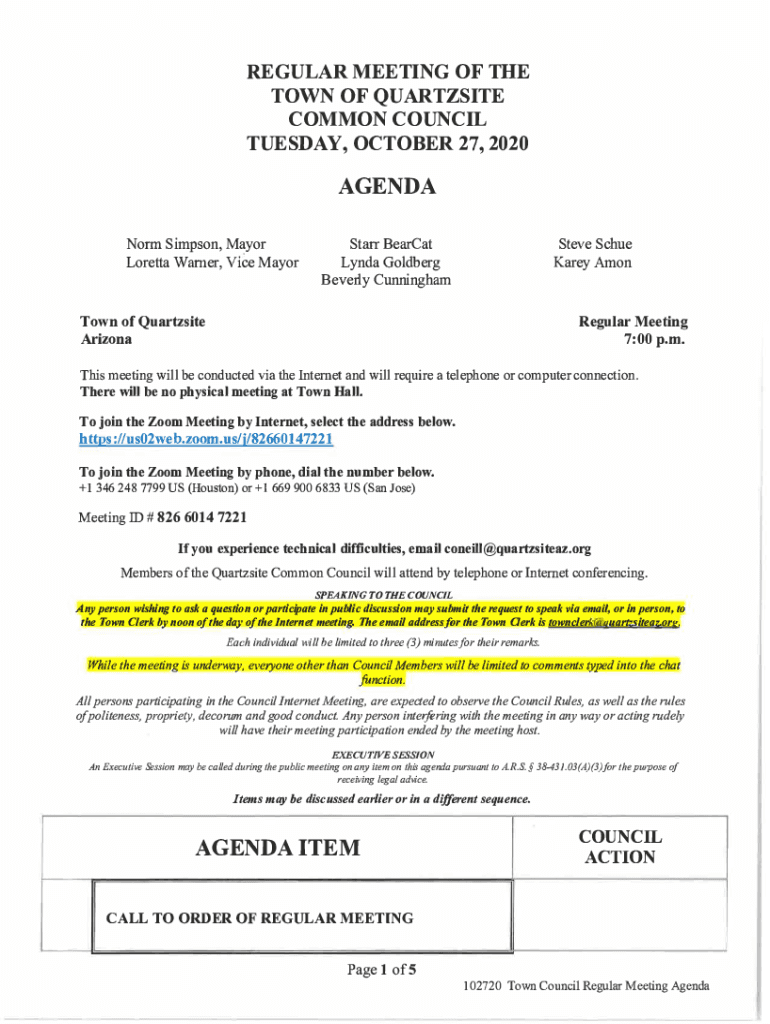 Fillable Online agenda Quartzsite AZ Fax Email Print pdfFiller