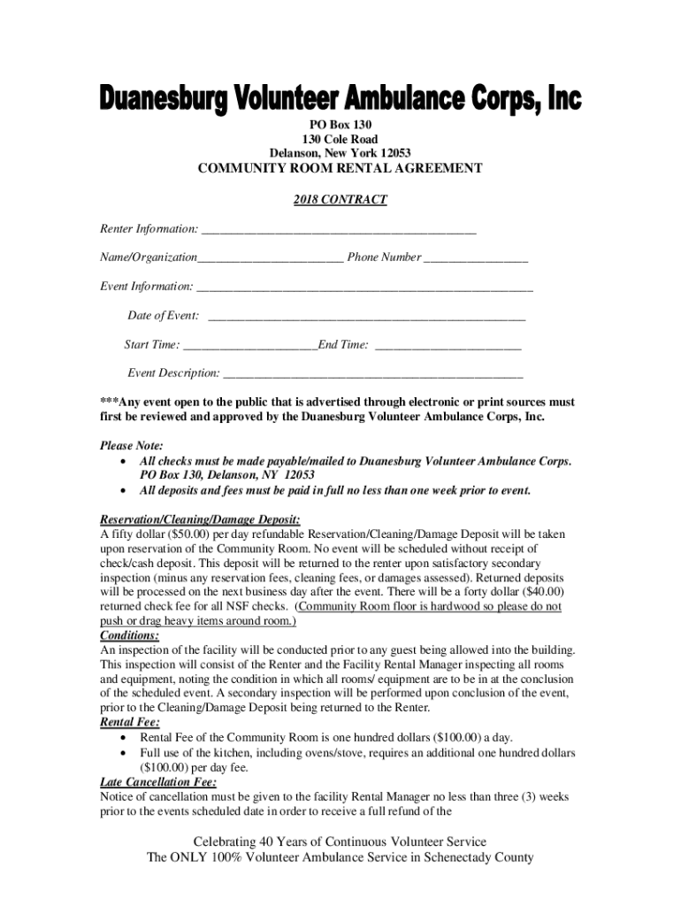 Community room rental agreement Duanesburg Volunteer Fill out & sign