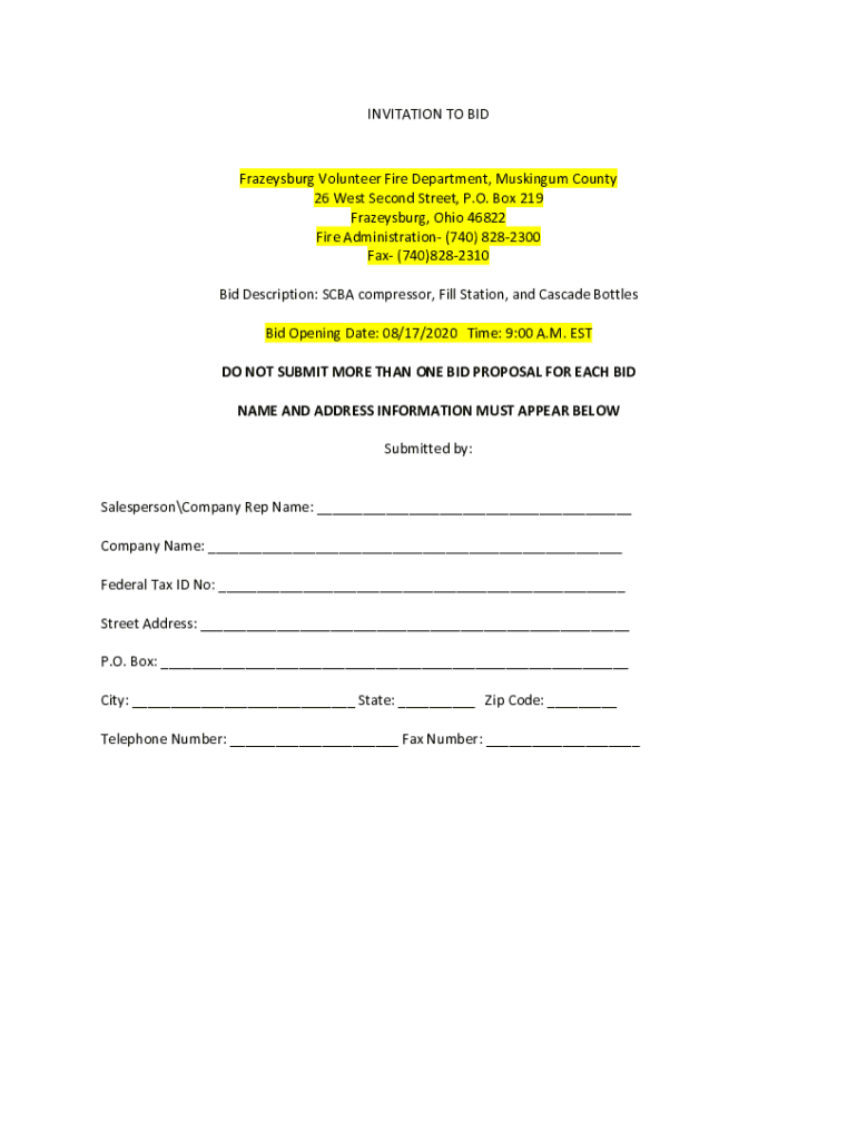 Fillable Online INVITATION TO BID Frazeysburg Volunteer Fire Department