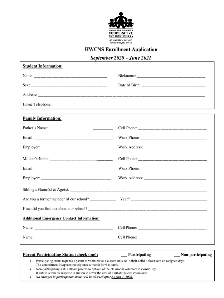 Fillable Online HWCNS Enrollment Application HoHoKus Waldwick Coop