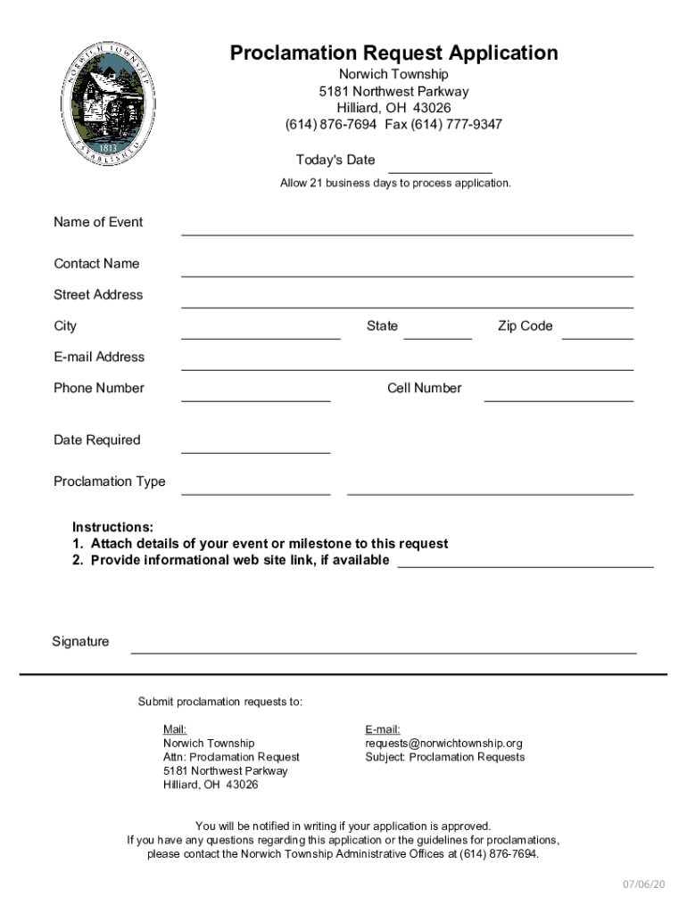 Proclamation Request Application - Norwich Township Preview on Page 1