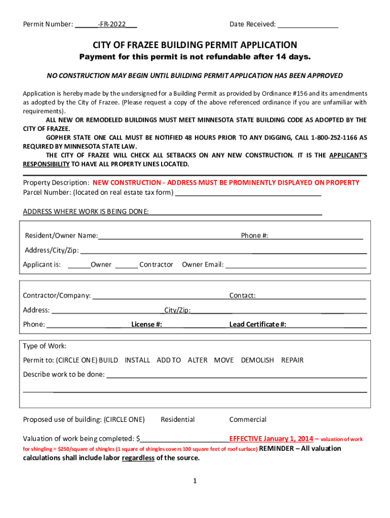 Fillable Online CITY OF FRAZEE BUILDING PERMIT APPLICATION Fax Email