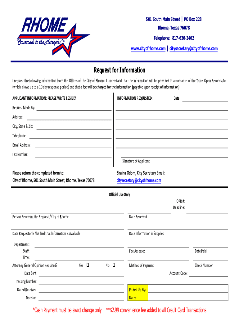 Request for Information - CITY OF RHOME, TX Preview on Page 1