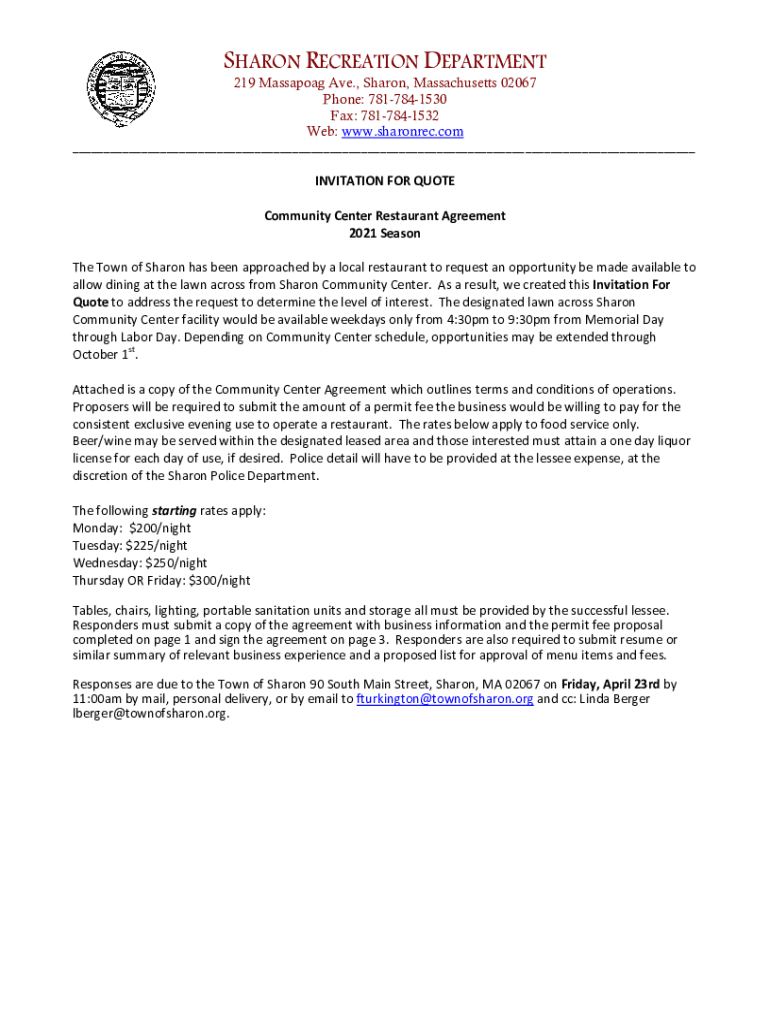 Fillable Online Recreation Department in the city Sharon Fax Email