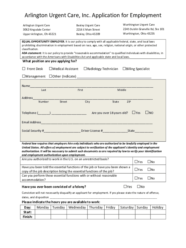 Arlington Urgent Care, Inc Application for Employment Preview on Page 1