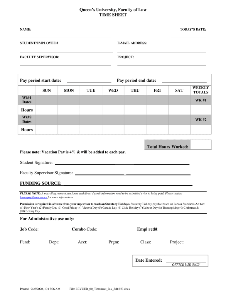 Fillable Online TIME SHEET law.queensu.ca Fax Email Print pdfFiller