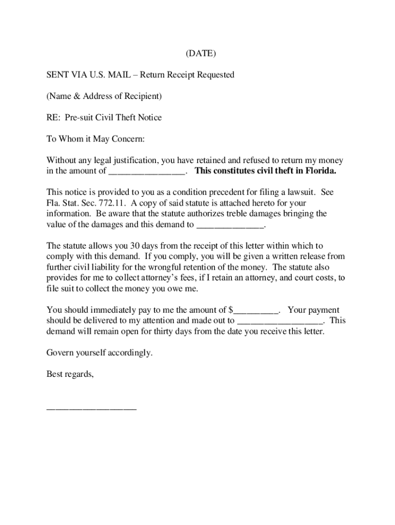Fillable Online Sent by Certified Mail, Return Receipt Requested Sample