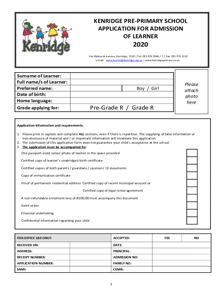 pre primary school admission form Preview on Page 1