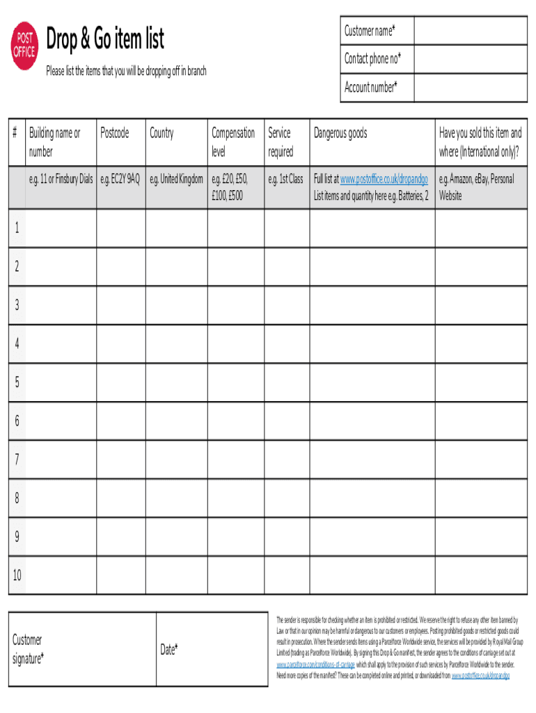 2021 2023 Form UK Post Office Drop Go Manifest Item List Fill Online 