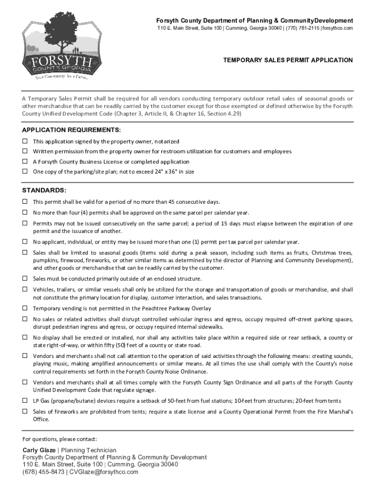 temporary sales permit application - Forsyth County Georgia Preview on Page 1