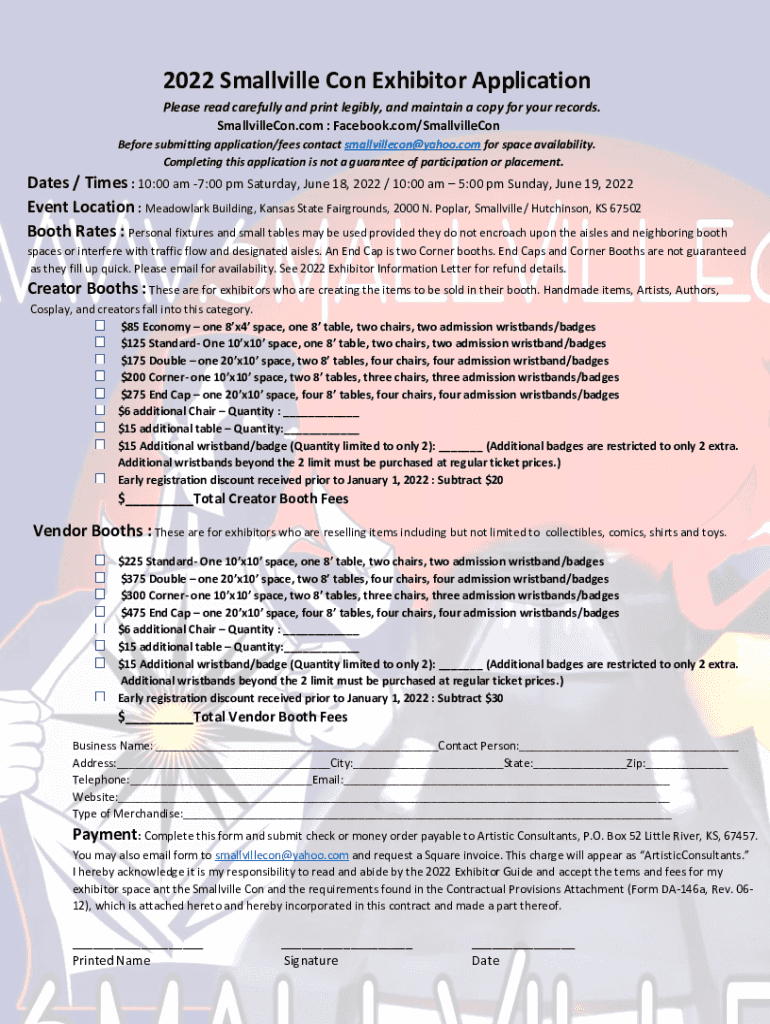 smallvillecomiccon sitesall2022 Smallville Con Exhibitor Application Preview on Page 1