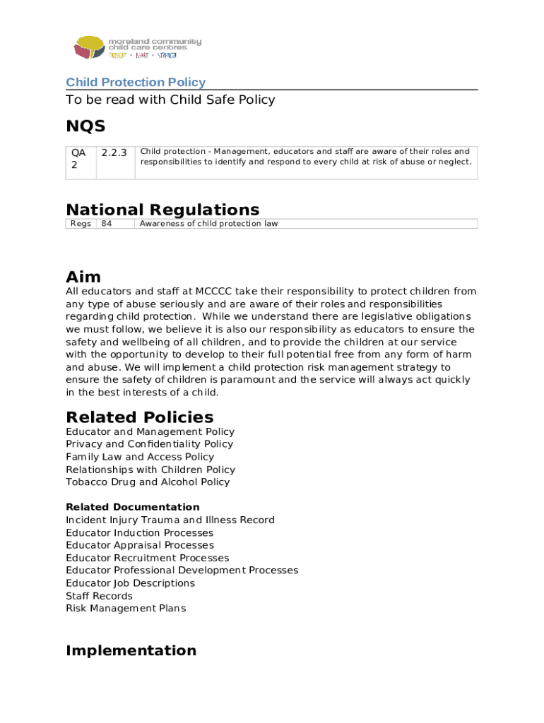 CHILD SAFE ENVIRONMENTS Page of (CHILD PROTECTION) POLICY Doc