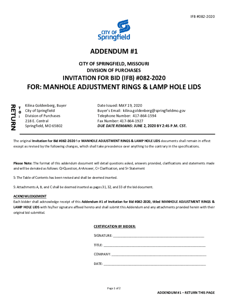 Fillable Online ADDENDUM #1 FOR: MANHOLE ADJUSTMENT RINGS & LAMP ...
