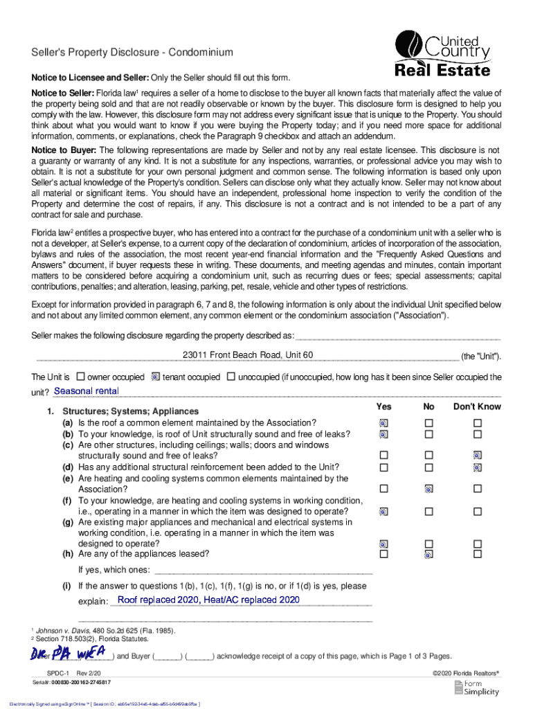 Fillable Online Seller S Property Disclosure Condominium Spdc 1 Fill
