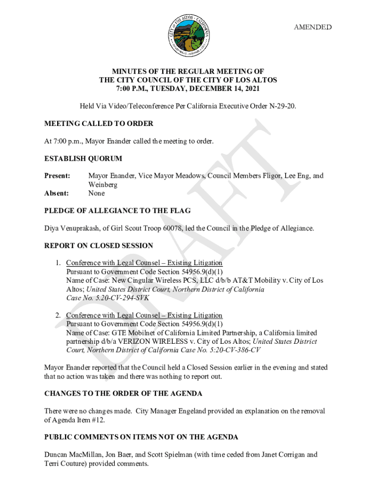 Fillable Online CITY OF LOS ALTOS CITY HALL COUNCIL CHAMBERS AUDIO