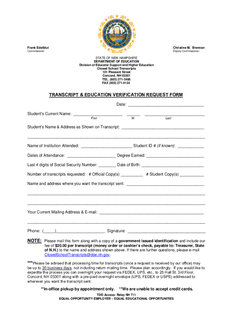 Fillable online transcript education verification request form fax