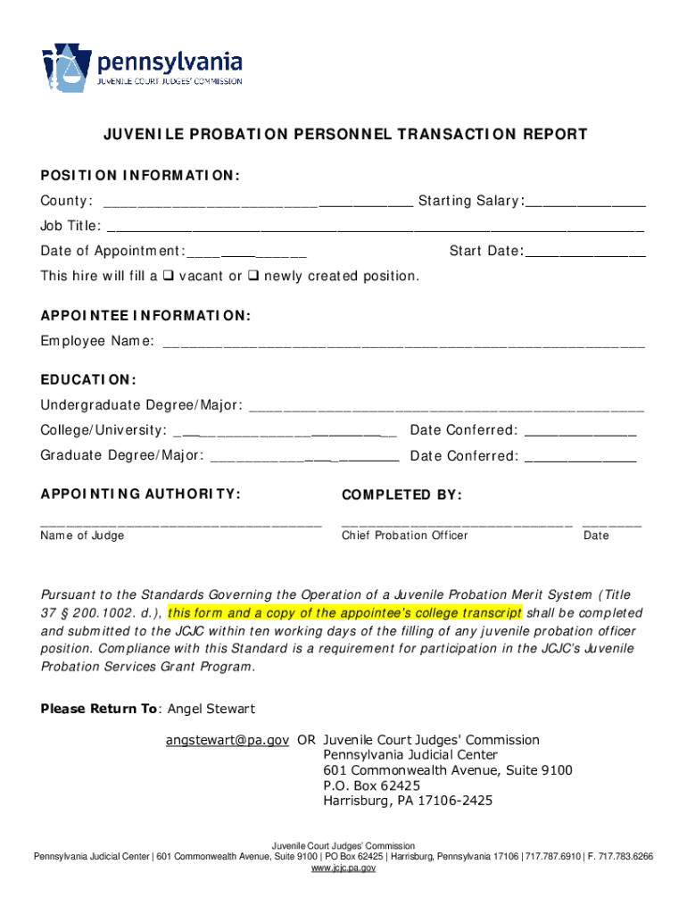 Fillable Online JUVENILE PROBATION PERSONNEL TRANSACTION REPORT Fax