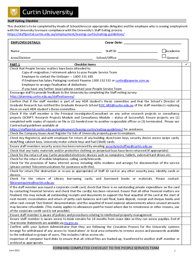 Staff Exiting Checklist Curtin University, Perth, Australia Preview on Page 1
