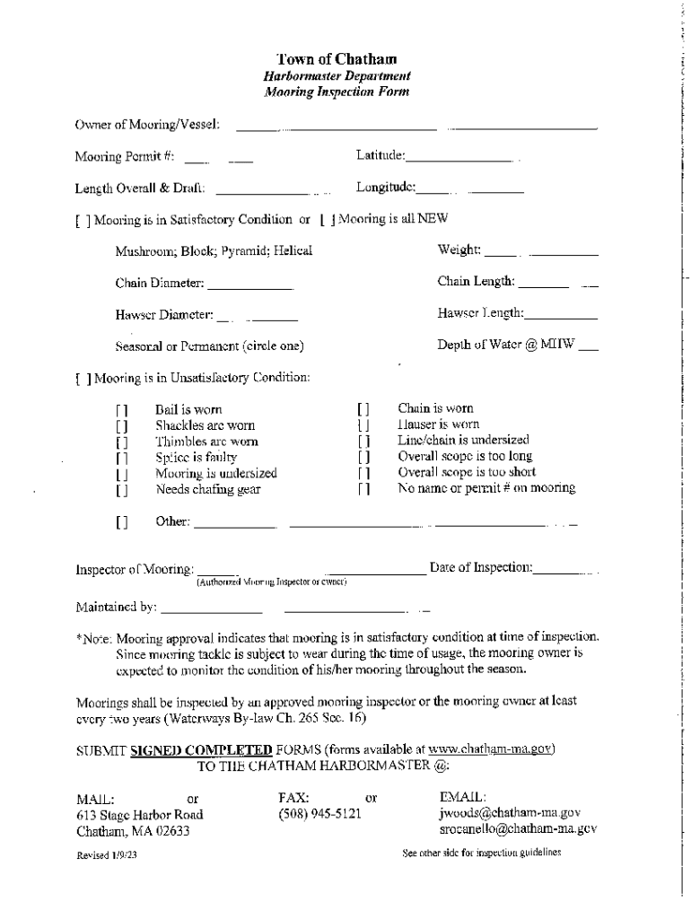 Town of Chatham Harbormaster Department Mooring Inspection Form Preview on Page 1