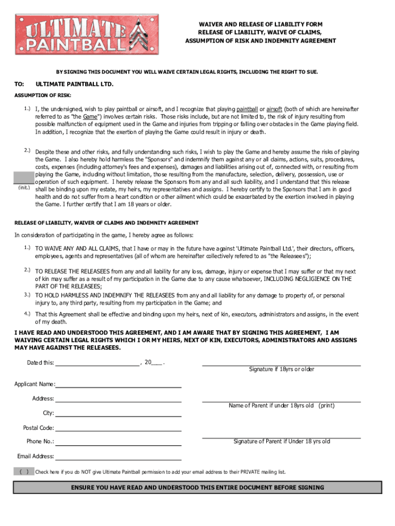 Fillable Online WAIVER AND RELEASE OF LIABILITY FORM - TNT Paintball ...