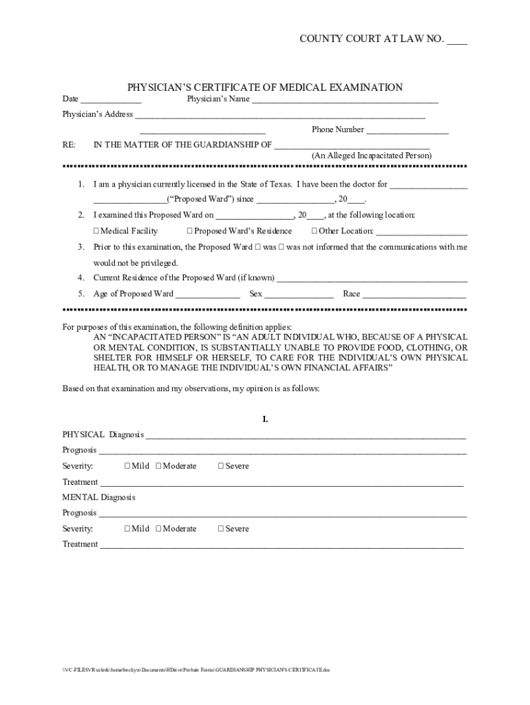 GUARDIANSHIP PHYSICIAN'S CERTIFICATE Preview on Page 1