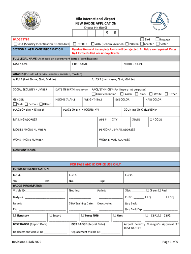 Fillable Online Hilo International Airport RENEW BADGE Fill out & sign