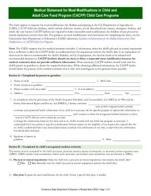 Medical Statement for Meal Modifications in CACFP Child Care Programs