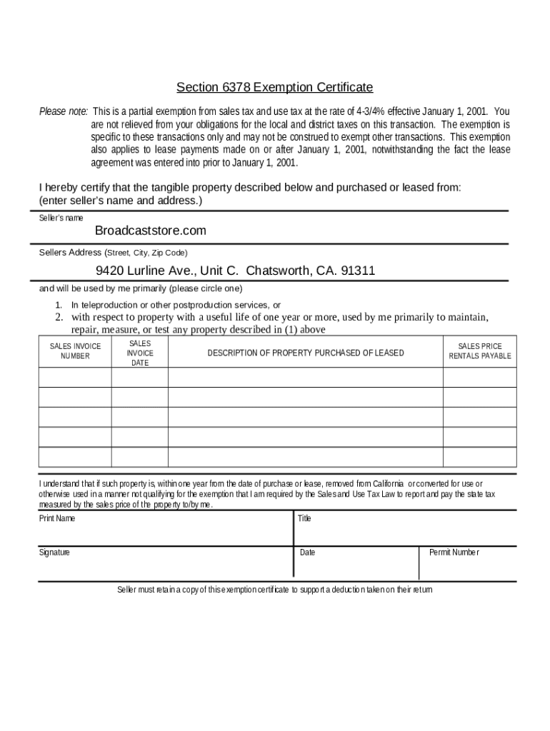 PDF Section 6378 Blanket Exemption Certificate Location Sound Doc