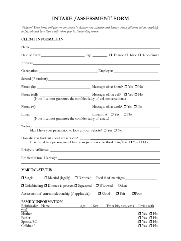 Connected Marriage and Family Therapy Intake Assessment Form Preview on Page 1