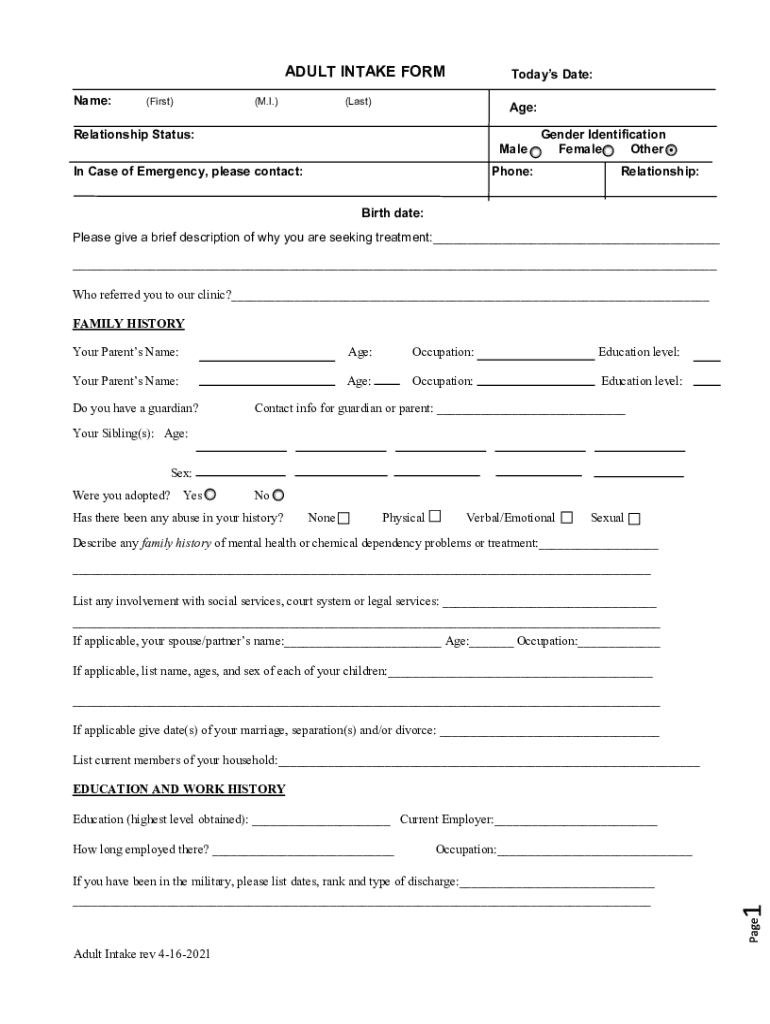 Fillable Online ADULT INTAKE FORM Todays Date - storage.snappages.site ...