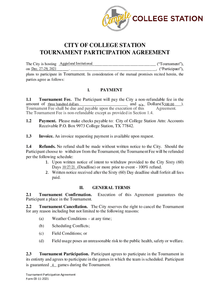 aggielandinvitationalcstx files wordpress CITY OF COLLEGE STATION TOURNAMENT PARTICIPATION AGREEMENT Preview on Page 1