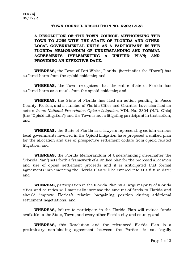 Fillable Online TOWN COUNCIL RESOLUTION NO. R2021-223 A RESOLUTION OF ...