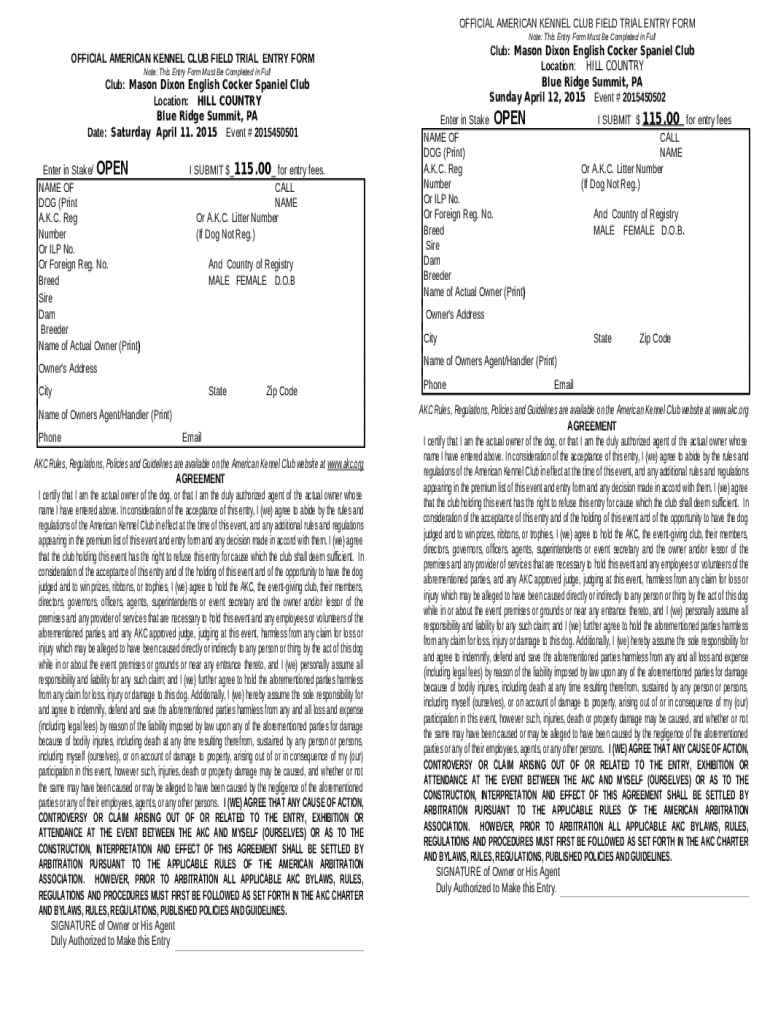 AKC Spaniel HT entry Doc Template pdfFiller