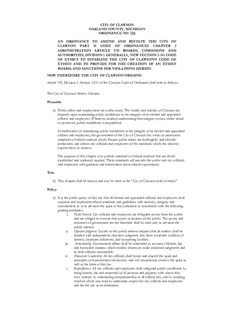 Fillable Online CITY OF CLAWSON OAKLAND COUNTY, MICHIGAN ORDINANCE NO