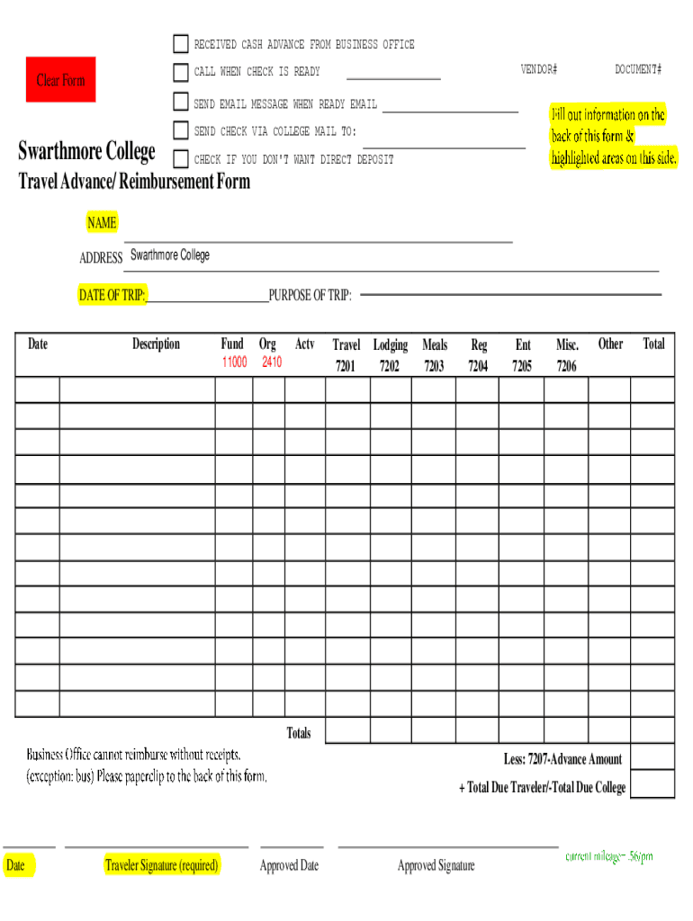 Reimbursement for Travel Form - Swarthmore College Preview on Page 1