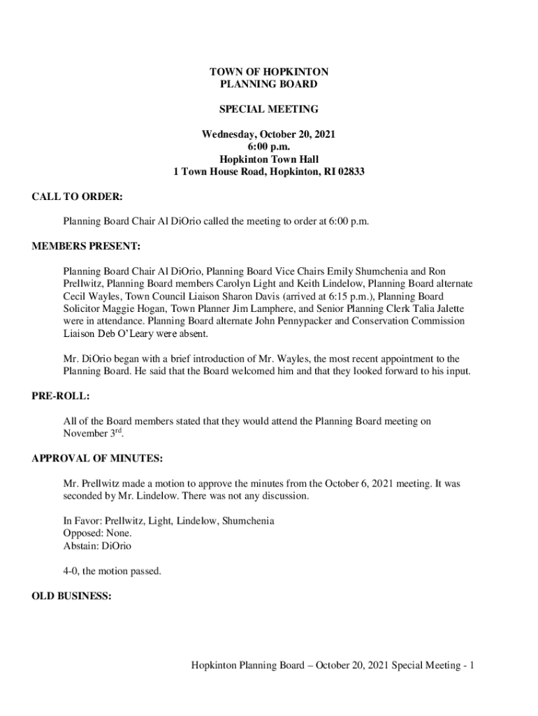 Fillable Online TOWN OF HOPKINTON PLANNING BOARD SPECIAL Fax Email