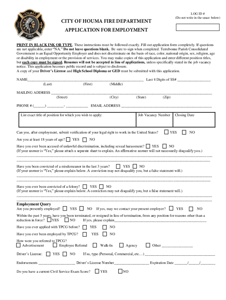 CITY OF HOUMA FIRE DEPARTMENT APPLICATION FOR Preview on Page 1