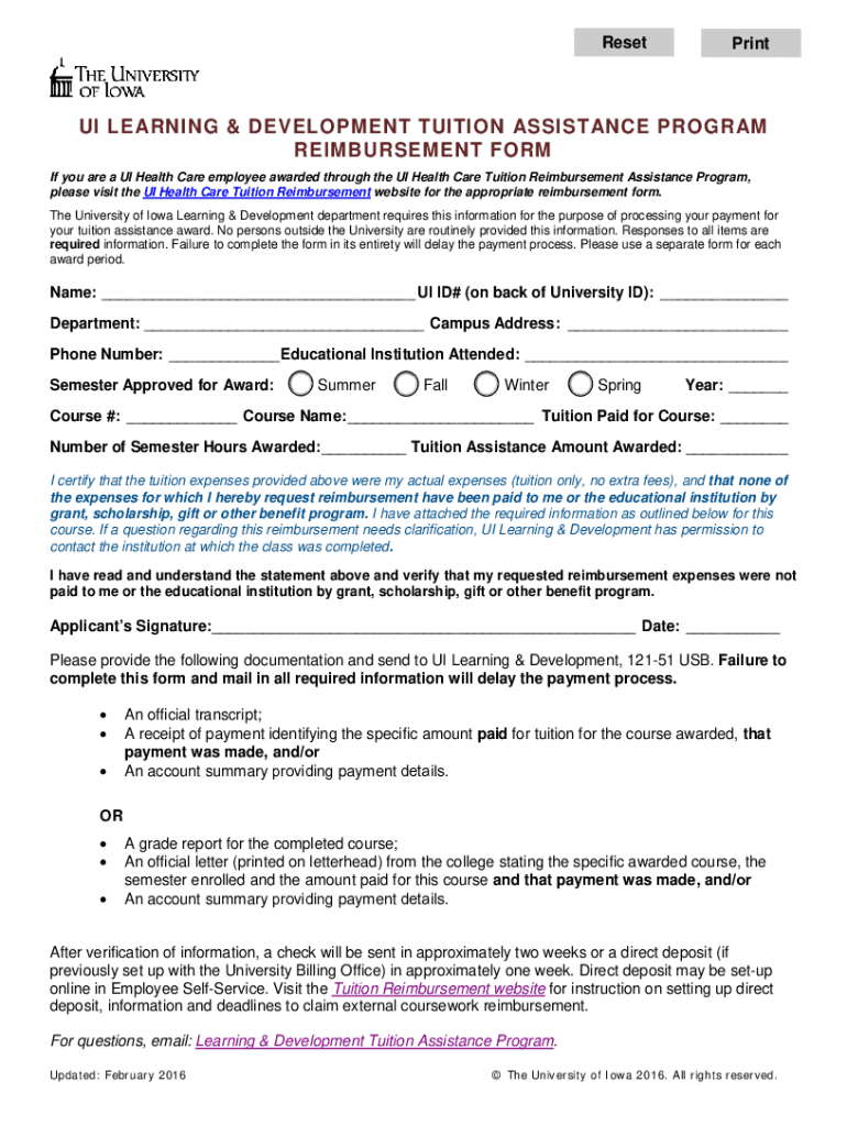 Fillable Online Tuition Assistance Reimbursement Form. reimbursement form Fax Email Print