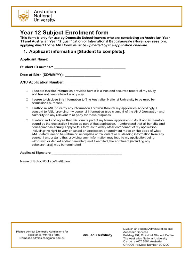 Fillable Online www.anu.edu.au files guidanceYear 12 Subject Enrolment
